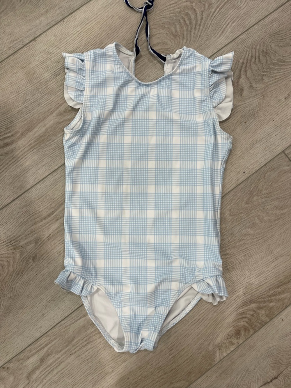 Minnow girls sunwashed plaid ruffle sleeve rashguard one piece, size 9/10 EUC